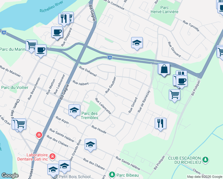 map of restaurants, bars, coffee shops, grocery stores, and more near 109 Rue Hébert in Sorel-Tracy