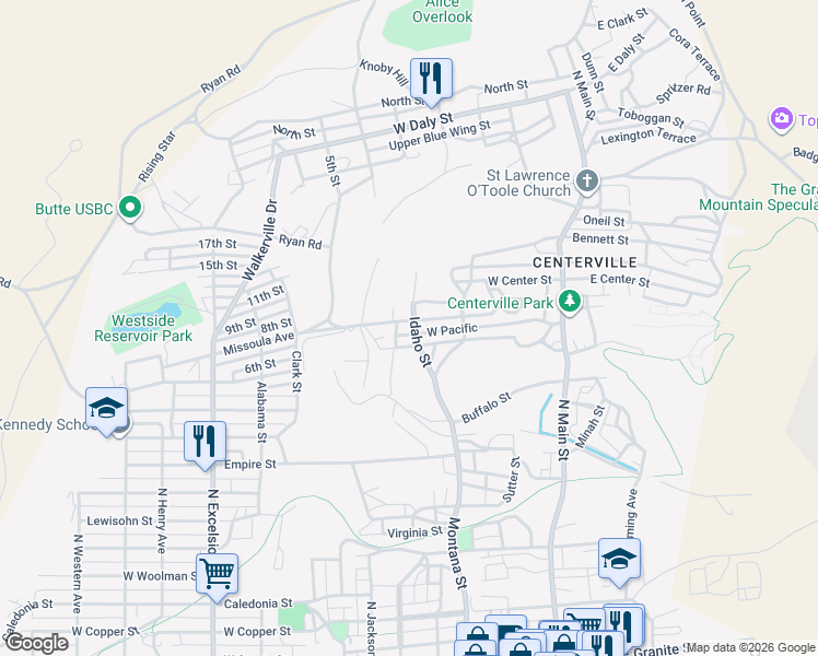 map of restaurants, bars, coffee shops, grocery stores, and more near 200 Missoula Avenue in Butte