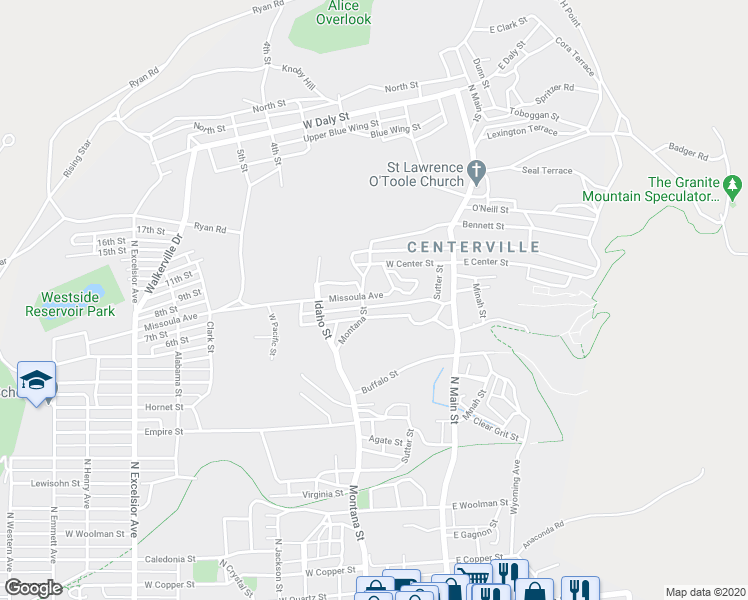 map of restaurants, bars, coffee shops, grocery stores, and more near 76 Missoula Avenue in Butte