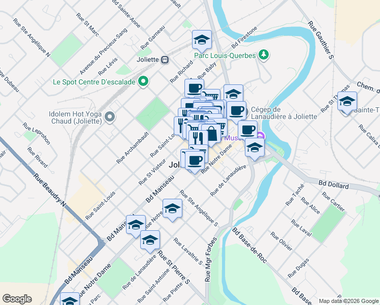 map of restaurants, bars, coffee shops, grocery stores, and more near 566 Boulevard Manseau in Joliette
