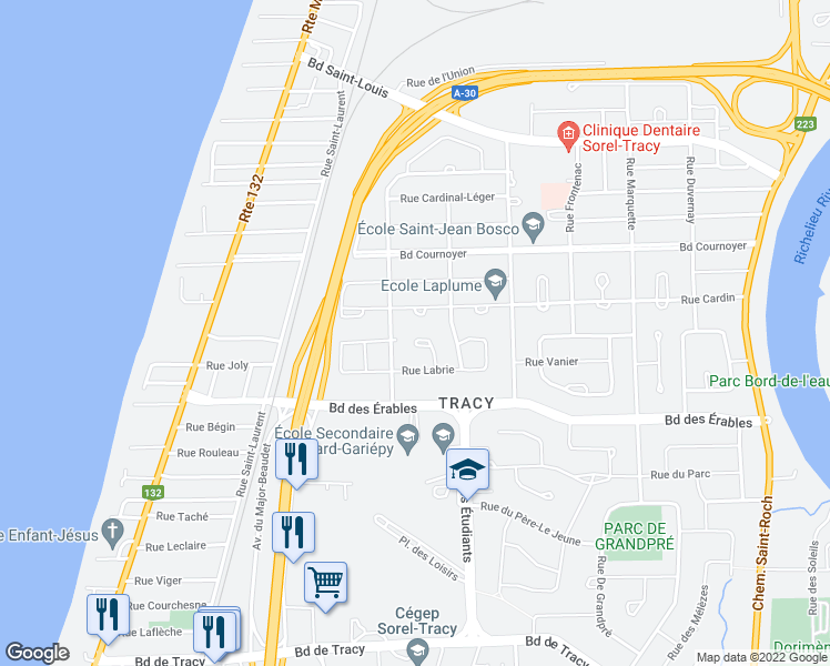 map of restaurants, bars, coffee shops, grocery stores, and more near 5034 Rue du Saint Sébastien in Sorel-Tracy