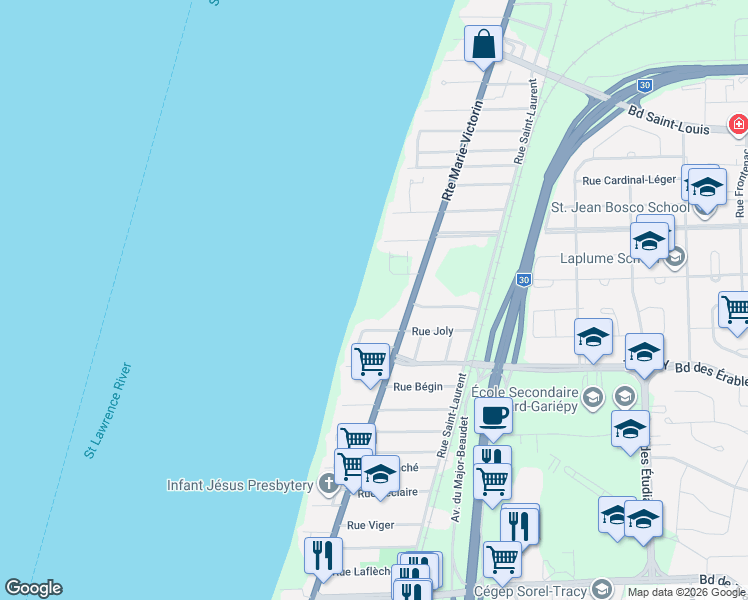map of restaurants, bars, coffee shops, grocery stores, and more near 4885 Route Marie-Victorin in Sorel-Tracy