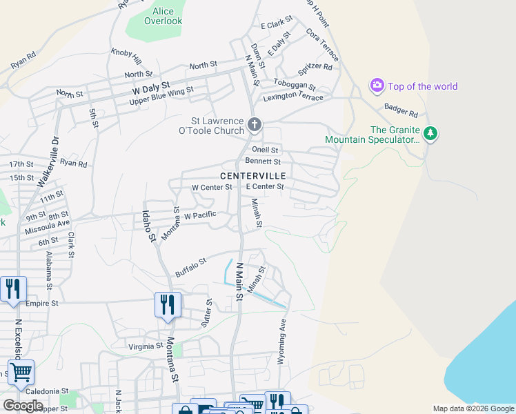 map of restaurants, bars, coffee shops, grocery stores, and more near 60-84 Wells Street in Butte