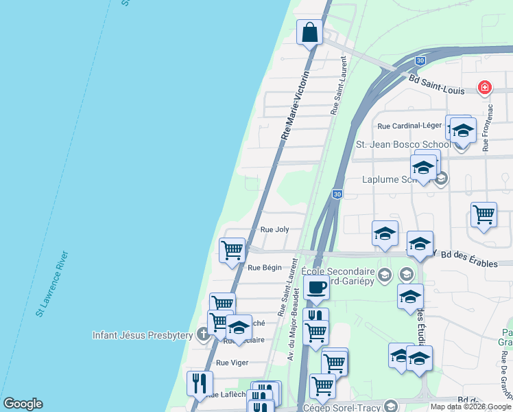 map of restaurants, bars, coffee shops, grocery stores, and more near 4885 Route Marie-Victorin in Sorel-Tracy