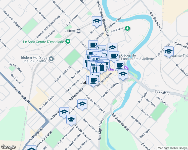 map of restaurants, bars, coffee shops, grocery stores, and more near 550 Boulevard Manseau in Joliette