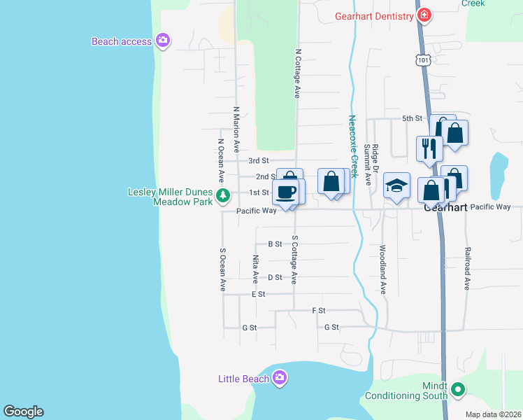map of restaurants, bars, coffee shops, grocery stores, and more near 426 Pacific Way in Gearhart