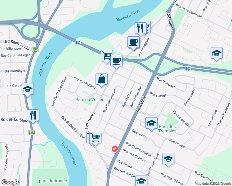 map of restaurants, bars, coffee shops, grocery stores, and more near 251 Rue Beauchemin in Sorel-Tracy