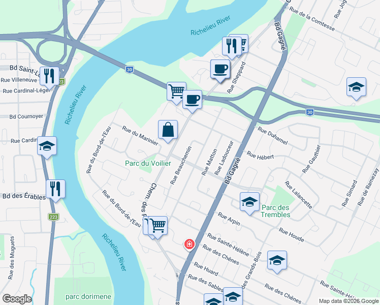 map of restaurants, bars, coffee shops, grocery stores, and more near 251 Rue Beauchemin in Sorel-Tracy