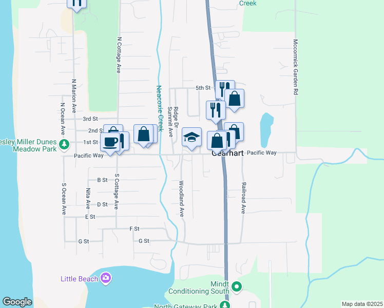 map of restaurants, bars, coffee shops, grocery stores, and more near 1002 Pacific Way in Gearhart