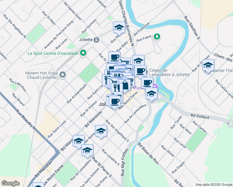 map of restaurants, bars, coffee shops, grocery stores, and more near 532 Boulevard Manseau in Joliette