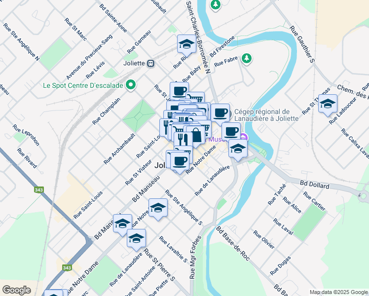 map of restaurants, bars, coffee shops, grocery stores, and more near 530 Boulevard Manseau in Joliette