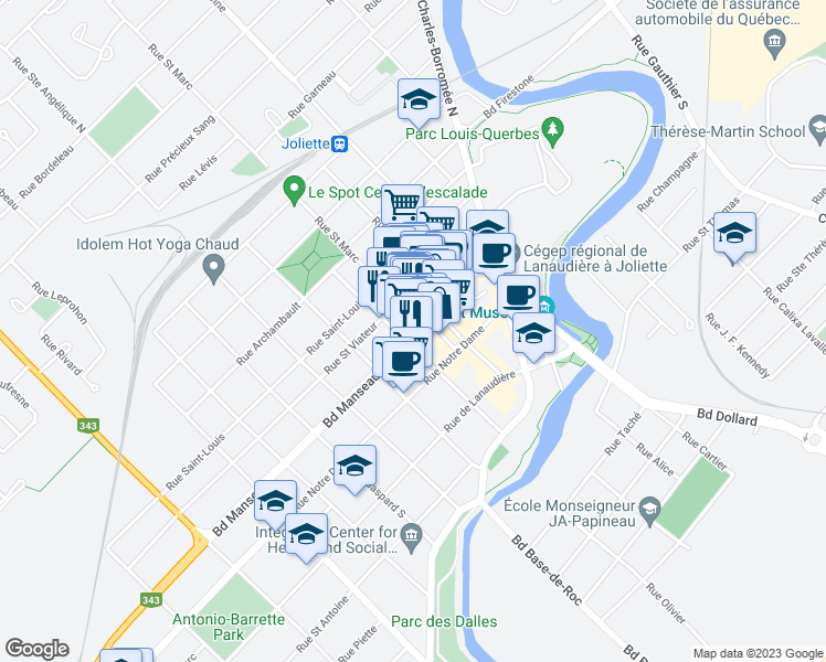 map of restaurants, bars, coffee shops, grocery stores, and more near 530 Boulevard Manseau in Joliette
