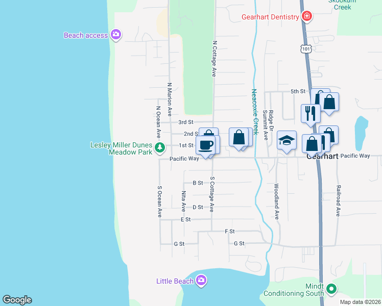 map of restaurants, bars, coffee shops, grocery stores, and more near 426 Pacific Way in Gearhart