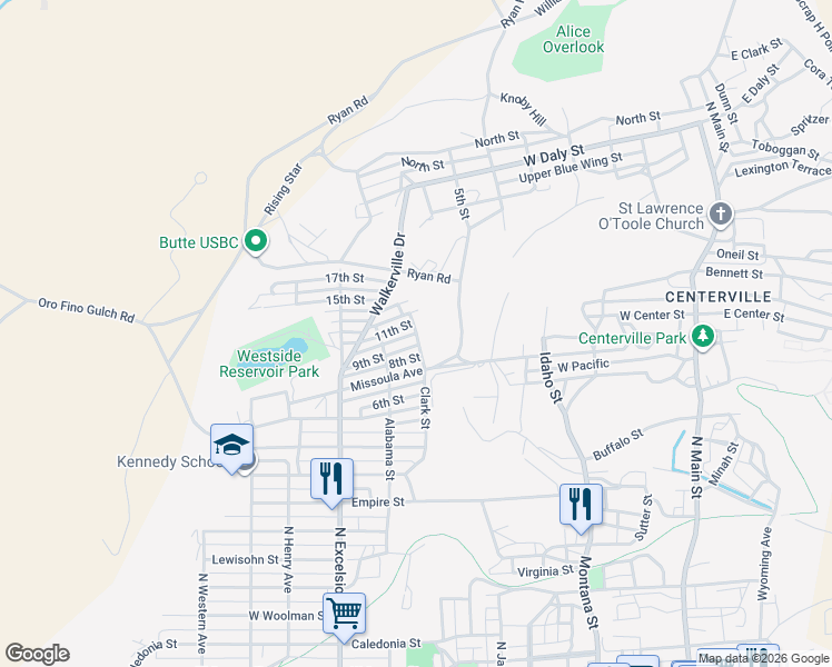 map of restaurants, bars, coffee shops, grocery stores, and more near 1384 Clark Street in Butte