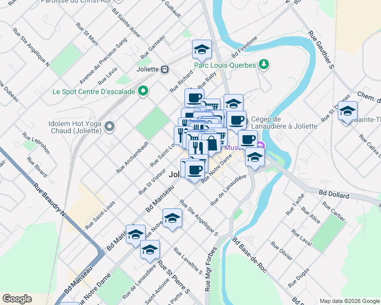map of restaurants, bars, coffee shops, grocery stores, and more near 62 Rue Lajoie Nord in Joliette