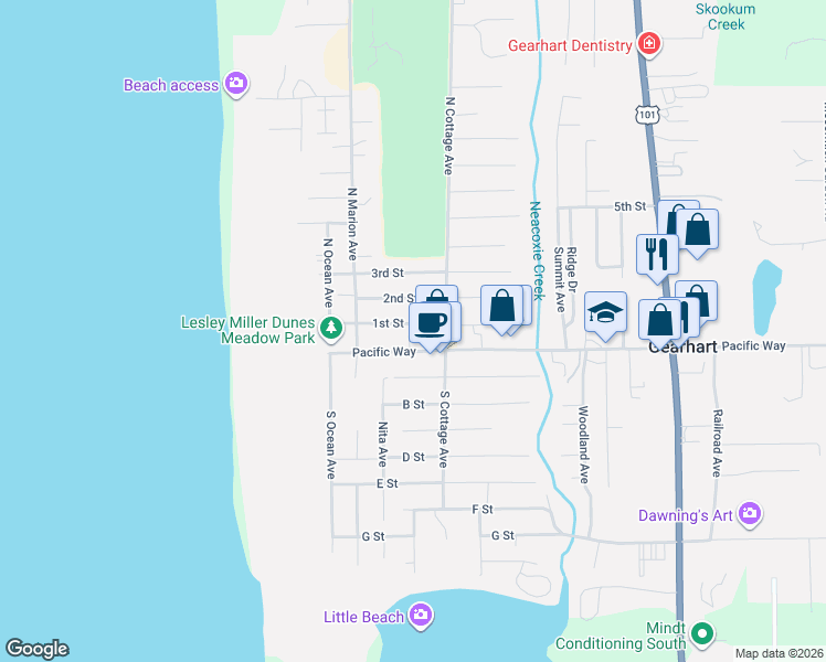 map of restaurants, bars, coffee shops, grocery stores, and more near 426 Pacific Way in Gearhart