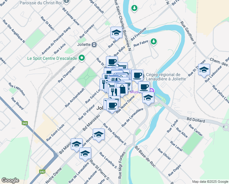 map of restaurants, bars, coffee shops, grocery stores, and more near in Joliette