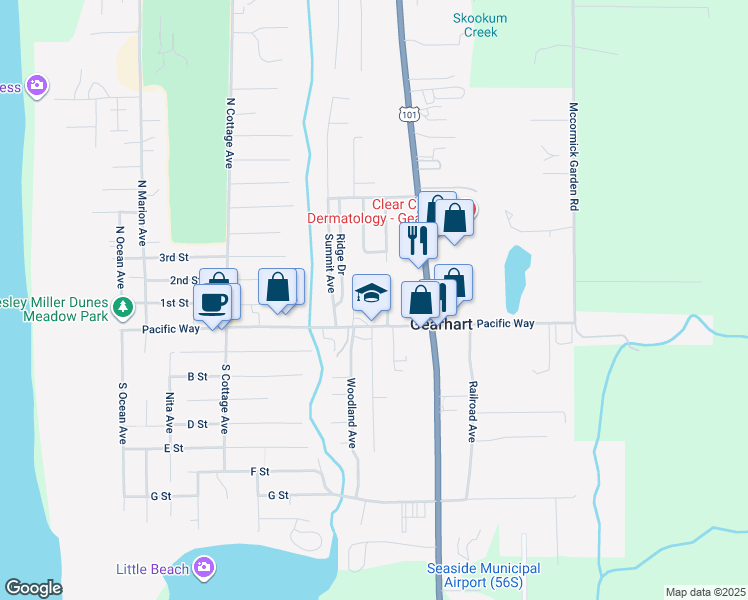 map of restaurants, bars, coffee shops, grocery stores, and more near 1002 Pacific Way in Gearhart