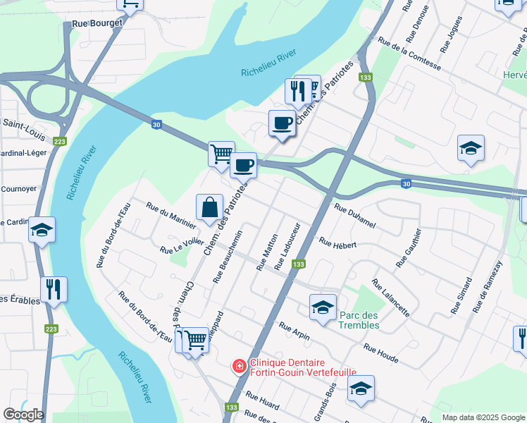 map of restaurants, bars, coffee shops, grocery stores, and more near 240 Rue Sheppard in Sorel-Tracy