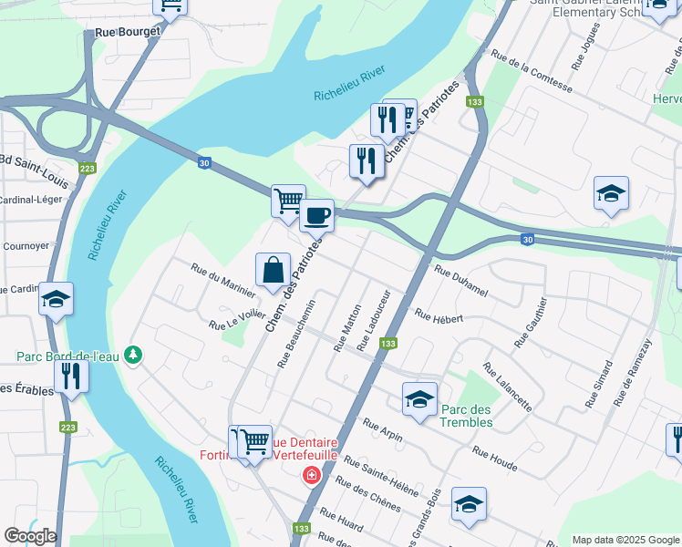 map of restaurants, bars, coffee shops, grocery stores, and more near 240 Rue Sheppard in Sorel-Tracy