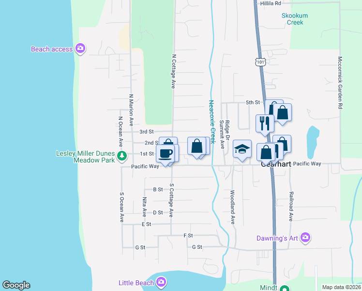 map of restaurants, bars, coffee shops, grocery stores, and more near 641 2nd Street in Gearhart