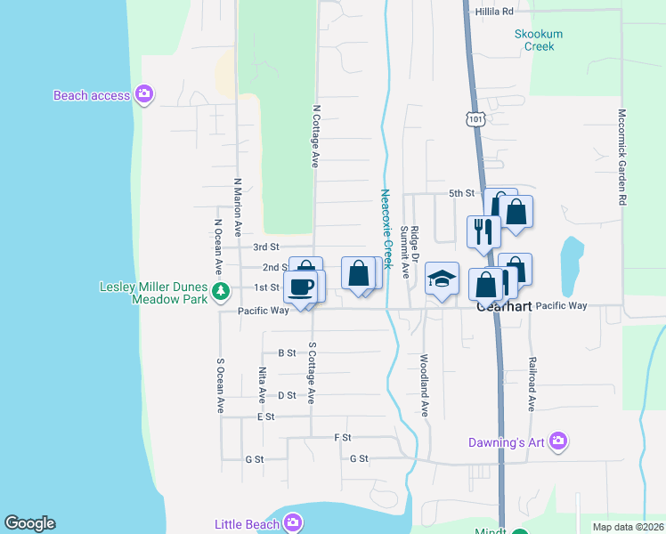 map of restaurants, bars, coffee shops, grocery stores, and more near 641 2nd Street in Gearhart