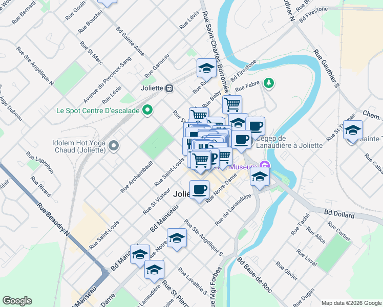 map of restaurants, bars, coffee shops, grocery stores, and more near 487 Rue Saint-Louis in Joliette