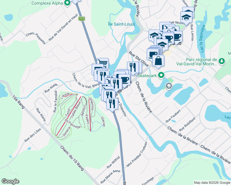 map of restaurants, bars, coffee shops, grocery stores, and more near 2267 Rue de l'Église in Val-David