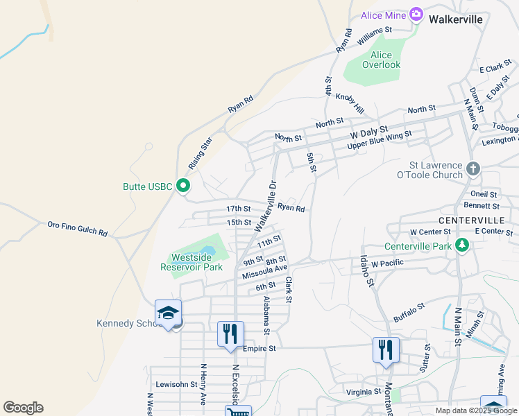 map of restaurants, bars, coffee shops, grocery stores, and more near 815 17th Street in Butte