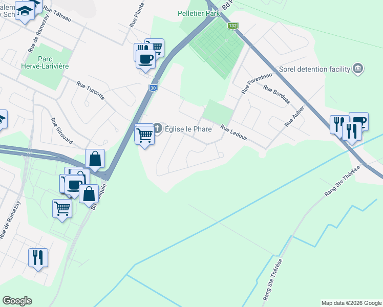 map of restaurants, bars, coffee shops, grocery stores, and more near 124 Rue Fournier in Sorel-Tracy