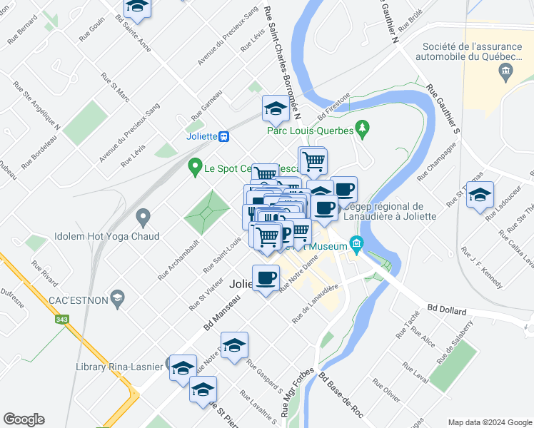 map of restaurants, bars, coffee shops, grocery stores, and more near 435 Rue Saint-Louis in Joliette