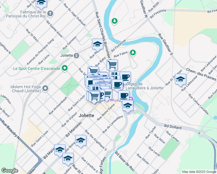 map of restaurants, bars, coffee shops, grocery stores, and more near 43 Boulevard Sainte-Anne in Joliette