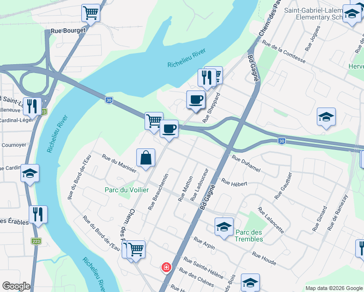 map of restaurants, bars, coffee shops, grocery stores, and more near 12 Rue Mathieu in Sorel-Tracy