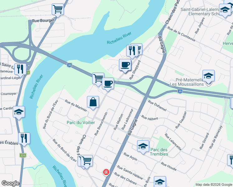 map of restaurants, bars, coffee shops, grocery stores, and more near 12 Rue Mathieu in Sorel-Tracy