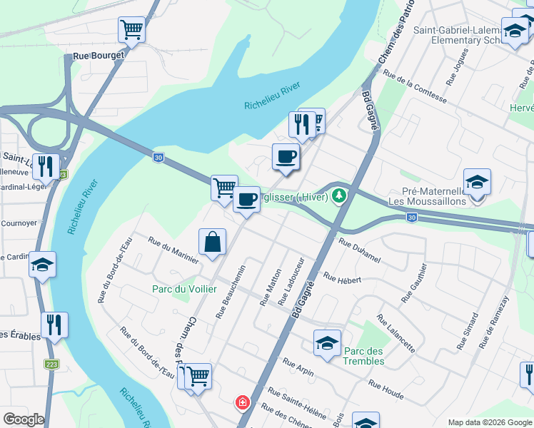 map of restaurants, bars, coffee shops, grocery stores, and more near 9 Rue Mathieu in Sorel-Tracy