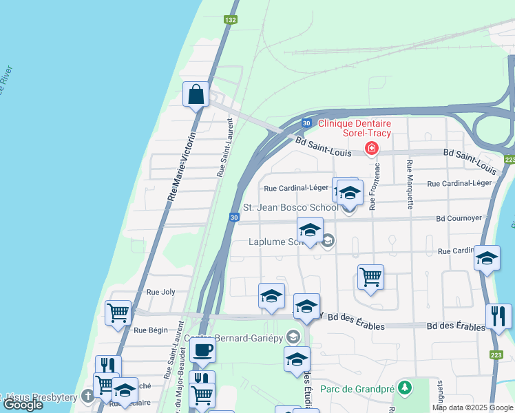 map of restaurants, bars, coffee shops, grocery stores, and more near 2900 Rue Mandeville in Sorel