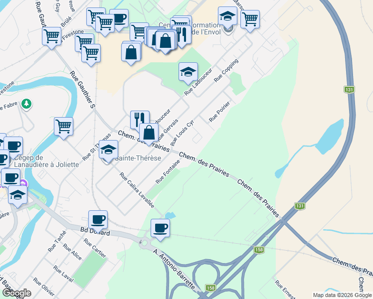 map of restaurants, bars, coffee shops, grocery stores, and more near 434 Chemin des Prairies in Joliette