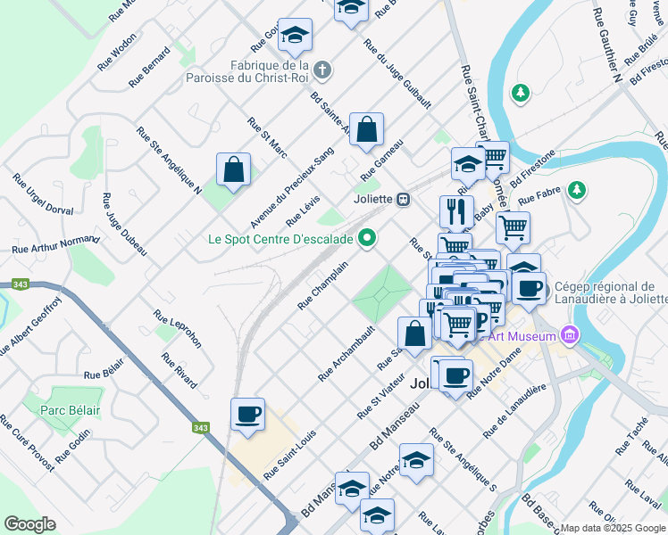 map of restaurants, bars, coffee shops, grocery stores, and more near 600 Rue Champlain in Joliette