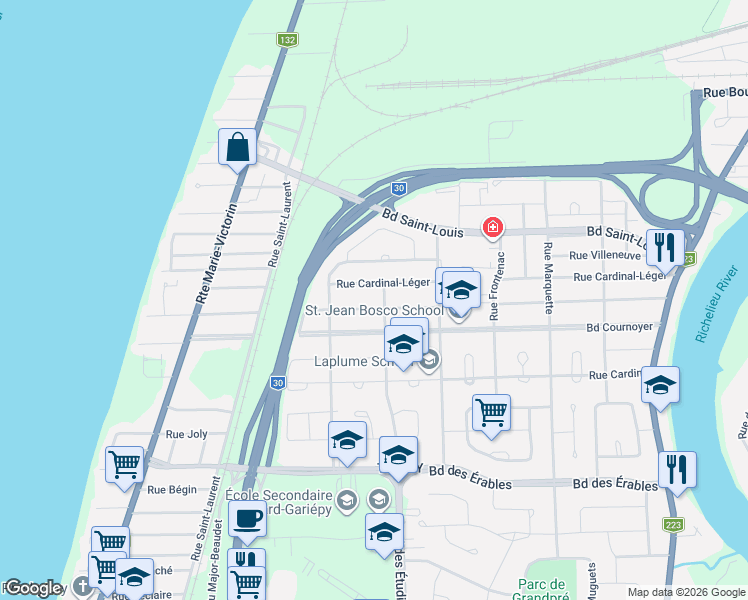 map of restaurants, bars, coffee shops, grocery stores, and more near 2791 Rue Mandeville in Sorel-Tracy
