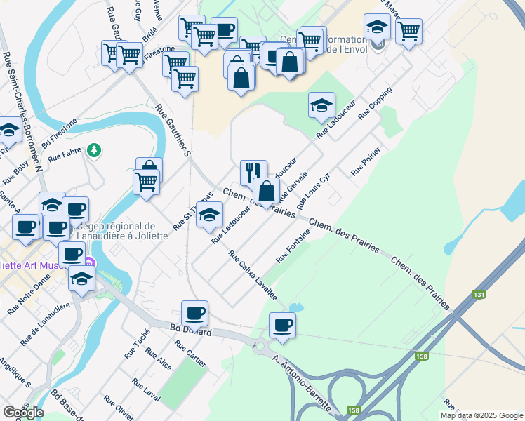map of restaurants, bars, coffee shops, grocery stores, and more near 347 Chemin des Prairies in Joliette