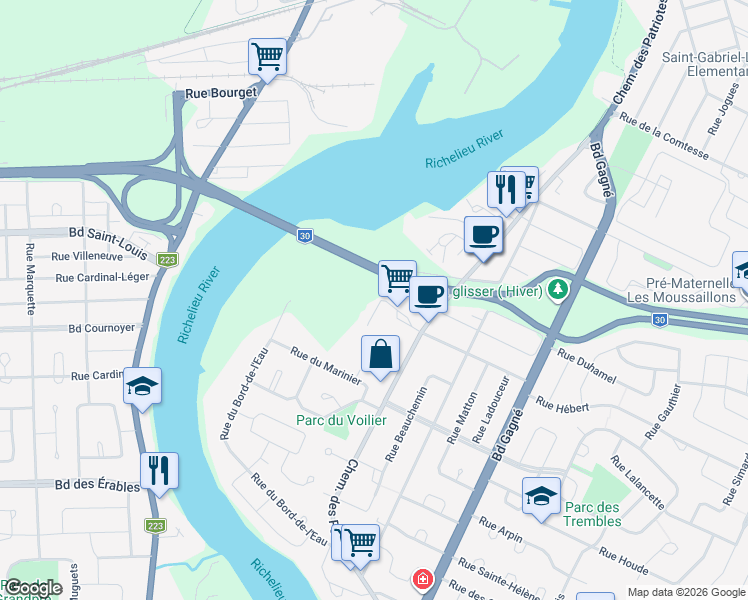 map of restaurants, bars, coffee shops, grocery stores, and more near 45 Rue de Bromont in Sorel-Tracy