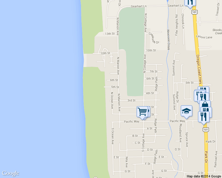map of restaurants, bars, coffee shops, grocery stores, and more near 498 North Ocean Avenue in Gearhart