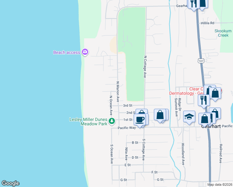 map of restaurants, bars, coffee shops, grocery stores, and more near 498 South Marion Avenue in Gearhart
