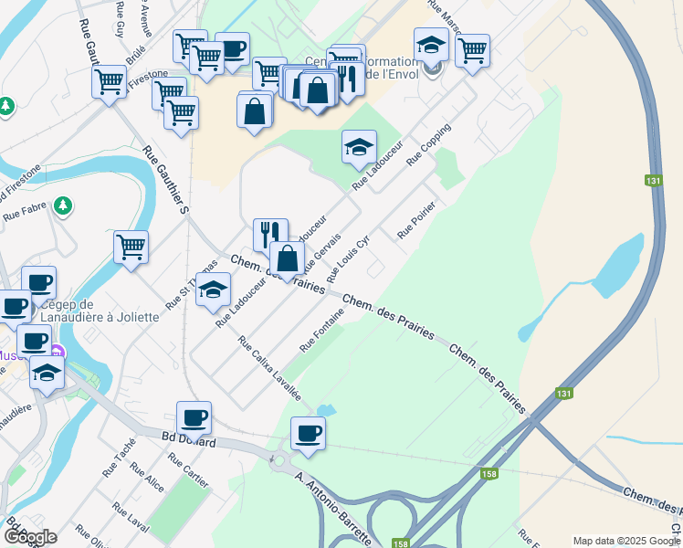 map of restaurants, bars, coffee shops, grocery stores, and more near 883 Rue Louis Cyr in Joliette