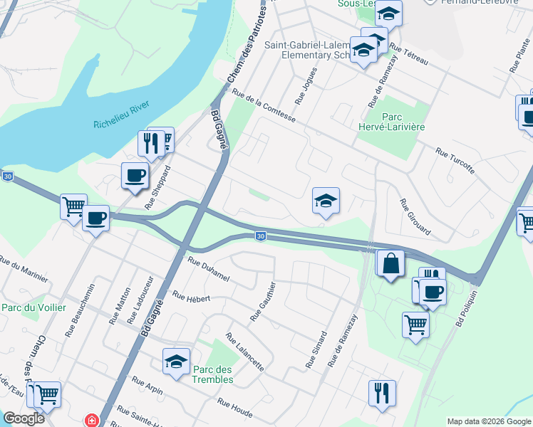 map of restaurants, bars, coffee shops, grocery stores, and more near 57 Rue Saint Augustin in Sorel-Tracy