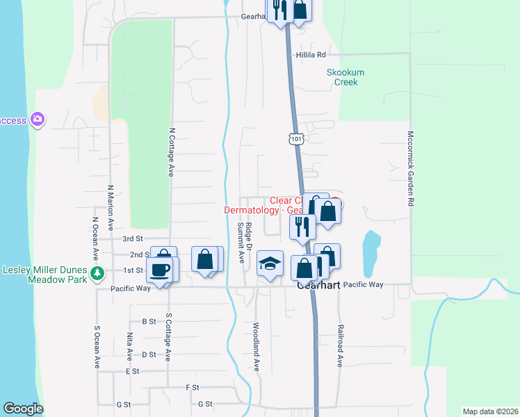 map of restaurants, bars, coffee shops, grocery stores, and more near 454 West Kershul Circle in Gearhart