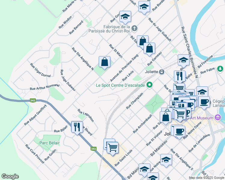 map of restaurants, bars, coffee shops, grocery stores, and more near Rue Sainte Angélique Nord in Joliette