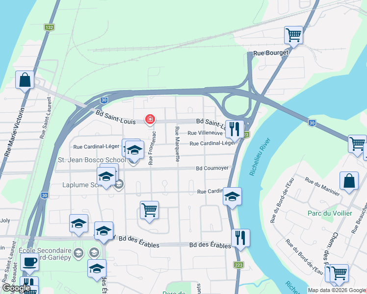 map of restaurants, bars, coffee shops, grocery stores, and more near 2010 Rue Cardinal-Léger in Sorel-Tracy