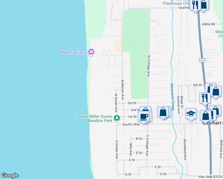 map of restaurants, bars, coffee shops, grocery stores, and more near 498 North Ocean Avenue in Gearhart