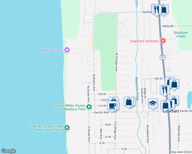 map of restaurants, bars, coffee shops, grocery stores, and more near 597 North Marion Avenue in Gearhart